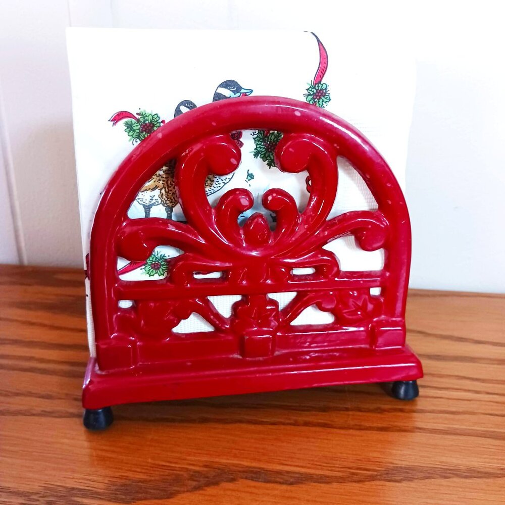 Red Baked Enamel Cast Iron Napkin Holder
